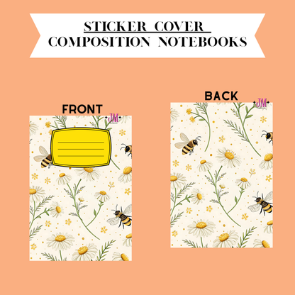 A product presentation of a sticker cover composition notebook showing both front and back designs. The notebook features a cream background with a daisy and bee pattern, with a yellow label box on the front.