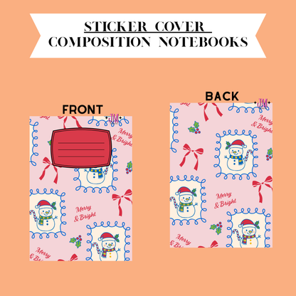 A product presentation of a sticker cover composition notebook showing both front and back designs on a peach background. The front features a red rectangular label area, while the back displays a light pink background decorated with snowmen, red bows, blue borders, and the text 'Merry & Bright'.