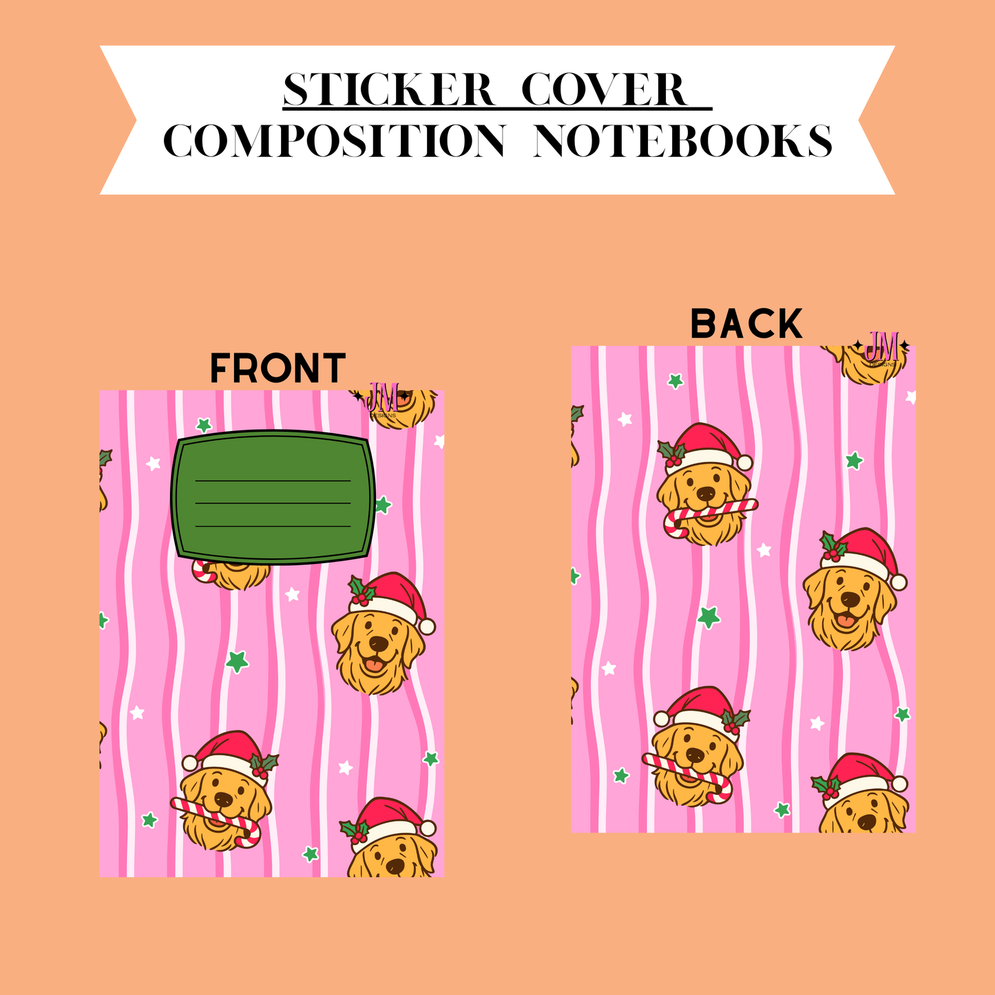 A digital mockup showing the front and back of a sticker cover for composition notebooks. The cover features a pink background with vertical wavy stripes, small white stars, and cartoon golden retriever dogs wearing Santa hats.