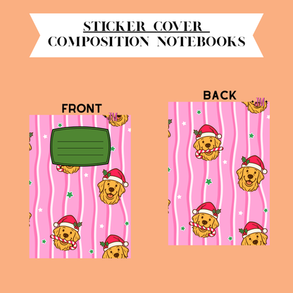 A digital mockup showing the front and back of a sticker cover for composition notebooks. The cover features a pink background with vertical wavy stripes, small white stars, and cartoon golden retriever dogs wearing Santa hats.