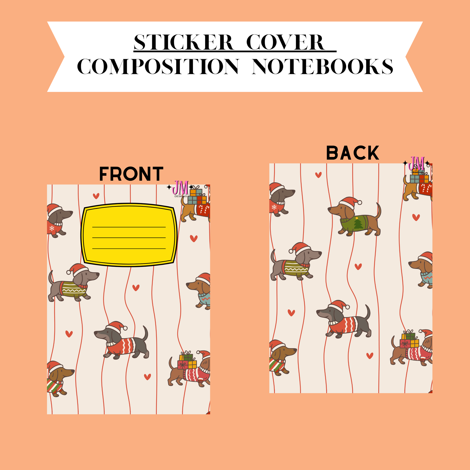 A product presentation showing the front and back of a sticker cover composition notebook. The notebook features a festive pattern of dachshunds wearing Santa hats and scarves, with red hearts and thin red vertical stripes on a cream background.