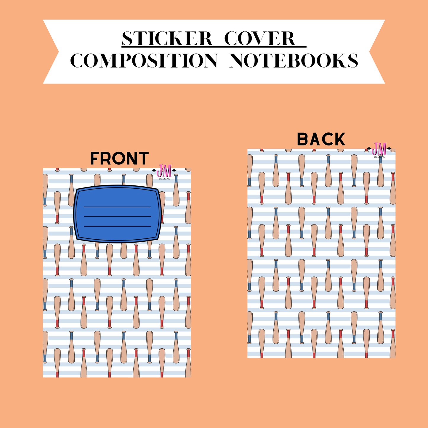 A product diagram showing the front and back of a sticker cover for composition notebooks on a peach background. The front features a blue rounded rectangle with a white center, and the back has a repeating pattern of bowling pins on white and light blue horizontal stripes.
