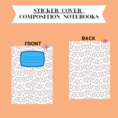 Sticker cover design for composition notebooks showing front and back views on a peach background. The notebook cover has a white base with a repeating baseball pattern in red, blue, and black, plus a blue nameplate area on the front.