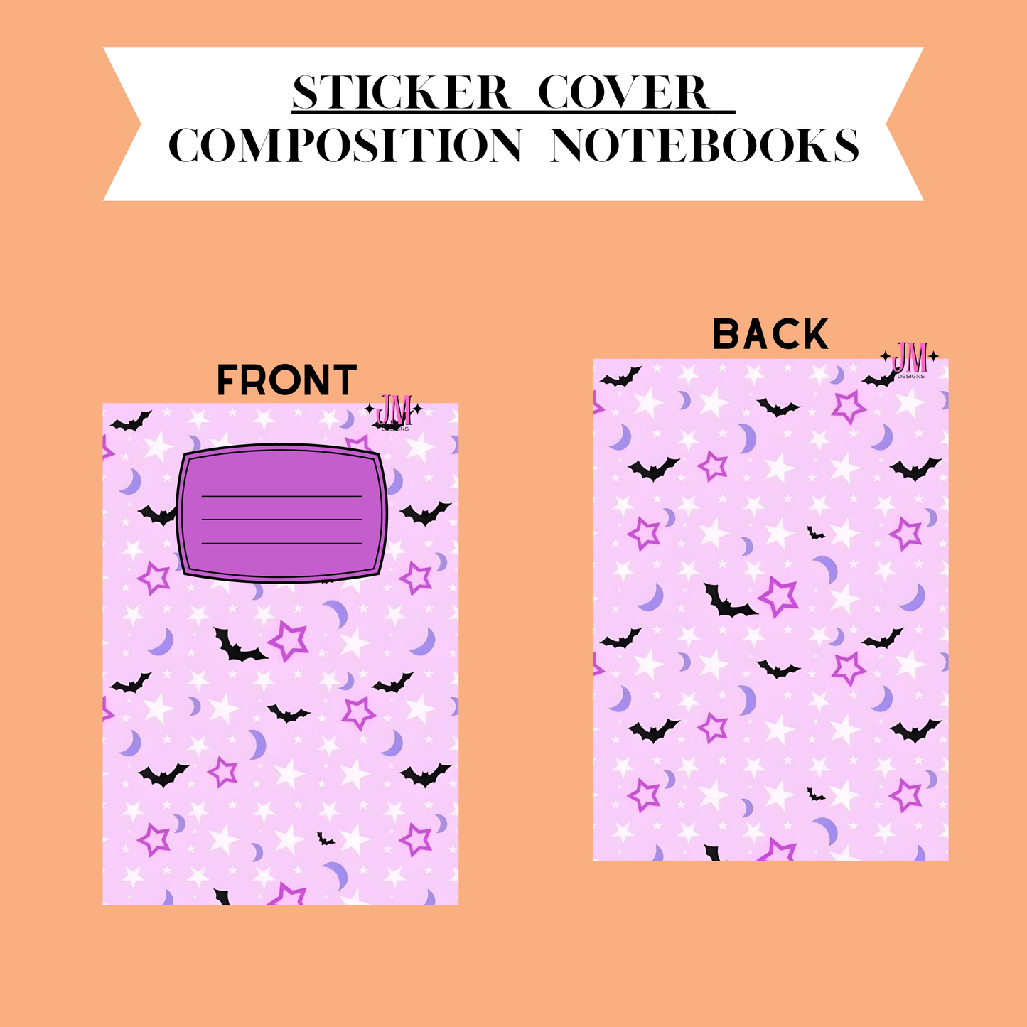 A digital preview of a sticker cover composition notebook showing both front and back designs on a peach background. The notebook features a light pink pattern with purple stars, black bats, white and purple crescent moons, and a purple title block on the front.