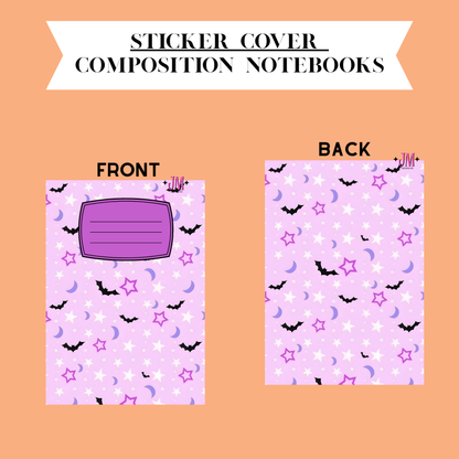 A digital preview of a sticker cover composition notebook showing both front and back designs on a peach background. The notebook features a light pink pattern with purple stars, black bats, white and purple crescent moons, and a purple title block on the front.