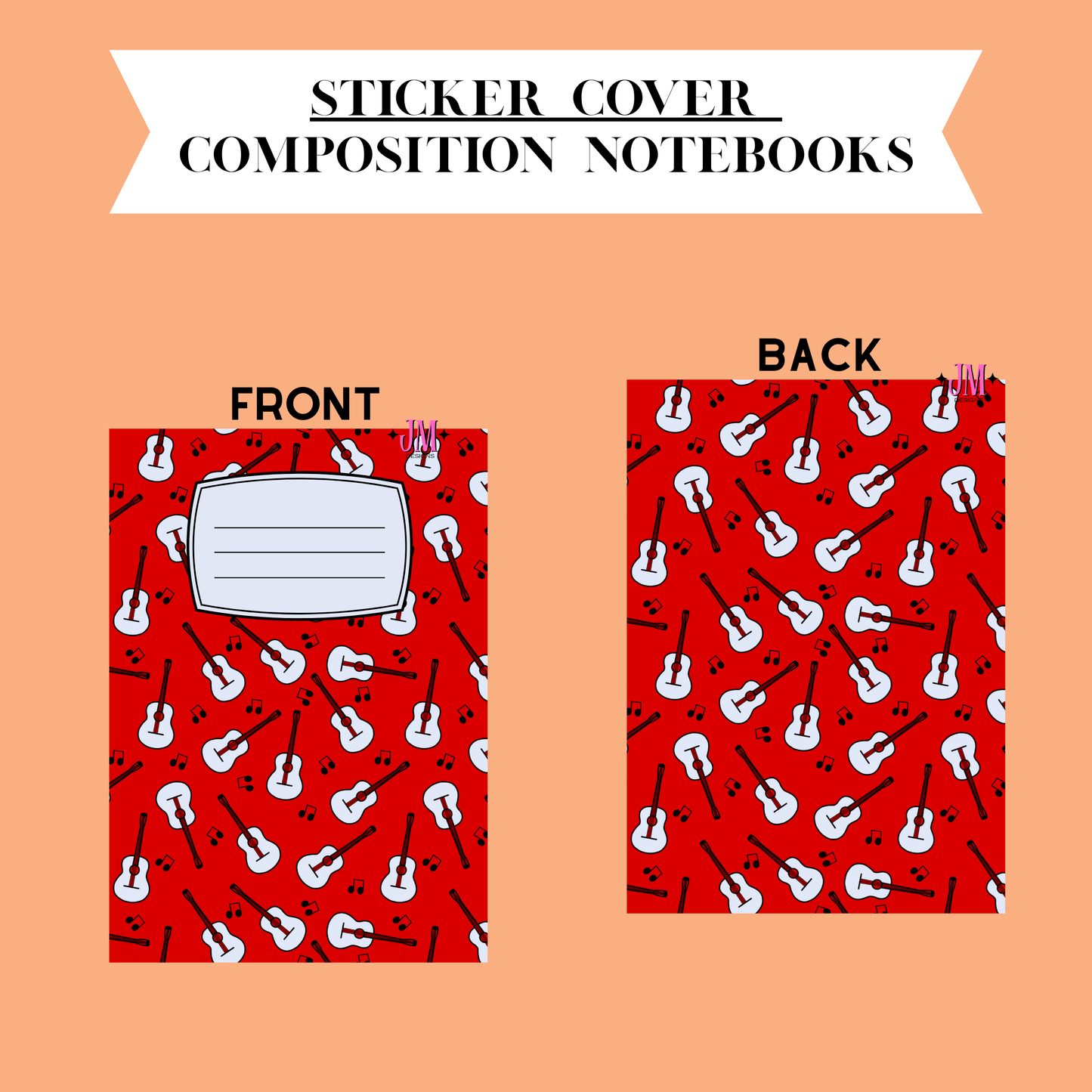 A product diagram showing the front and back of a red notebook cover with a repeating white guitar pattern, under the heading 'STICKER COVER COMPOSITION NOTEBOOKS'.