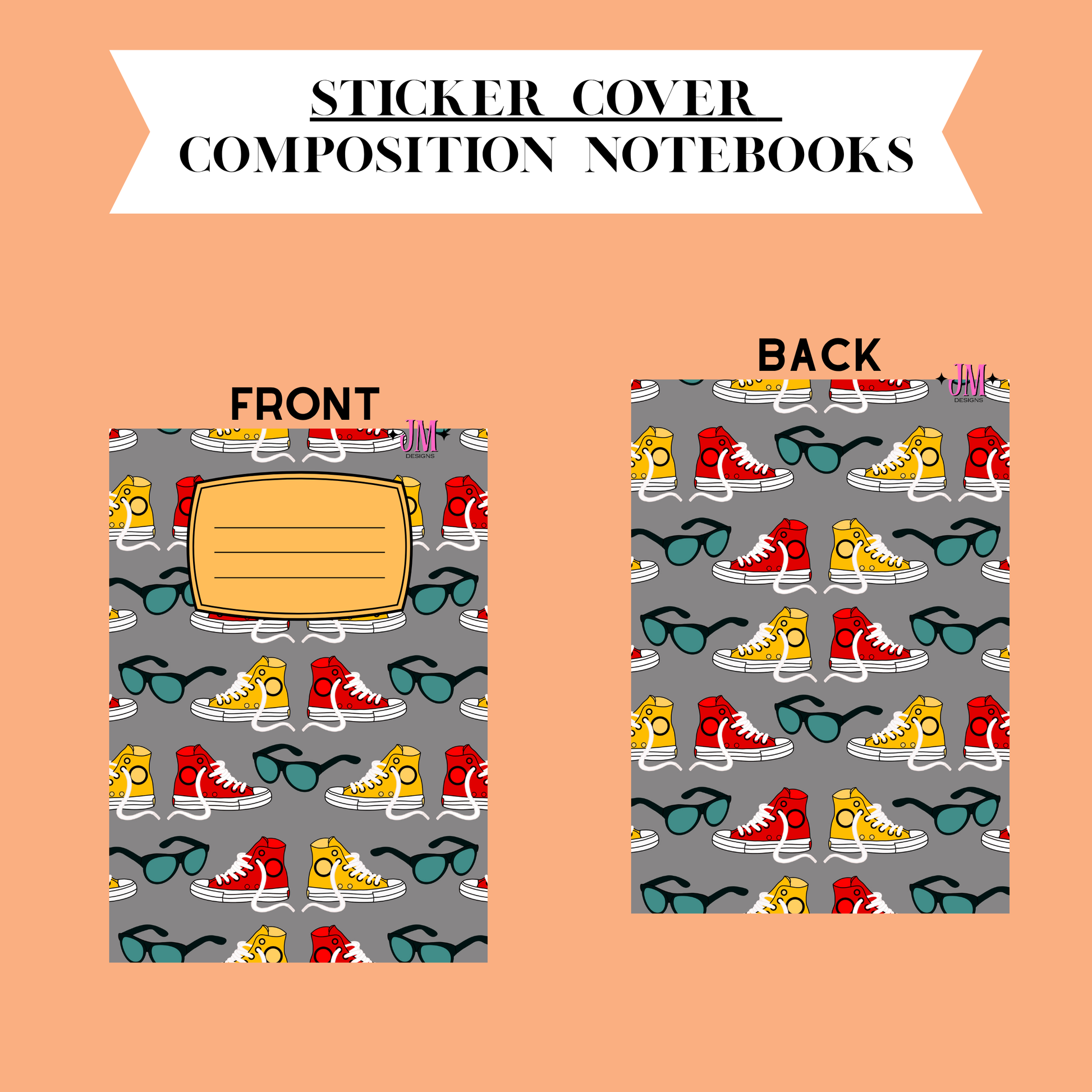 A product graphic showing the front and back of a composition notebook cover design. The top banner reads 'STICKER COVER COMPOSITION NOTEBOOKS.