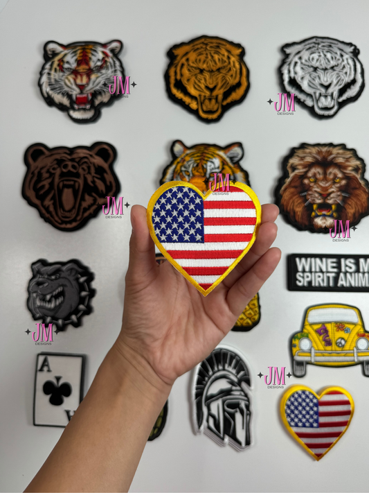 Gold Border Heart Shape U.S.A Flag Iron On Patch
