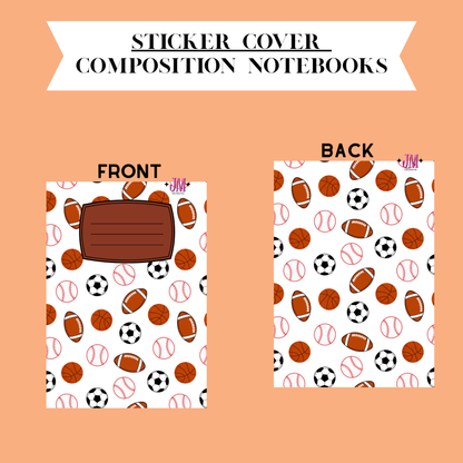 A digital preview of a sticker cover for composition notebooks, showing both front and back designs on a peach background. The notebook cover features a white base with a repeating pattern of brown footballs, black and white soccer balls, and red baseballs, with a brown rectangular patch area on the front.