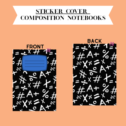 A product diagram showing the front and back of a sticker cover composition notebook on a peach background. The notebook cover has a black base with a white pattern of mathematical symbols and a blue rectangular label on the front.