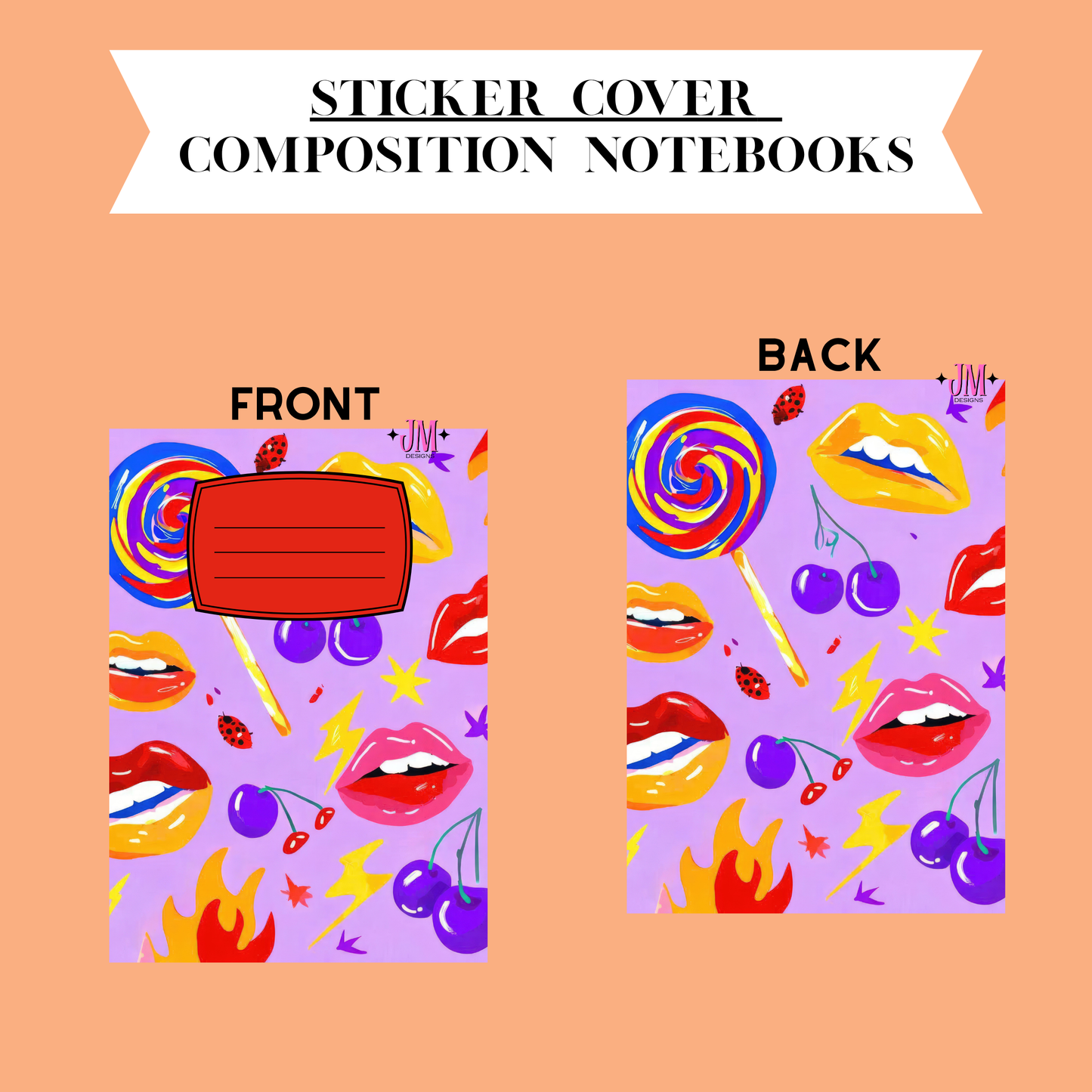 A product presentation showing the front and back of a notebook cover design. The top banner reads 'STICKER COVER COMPOSITION NOTEBOOKS'.