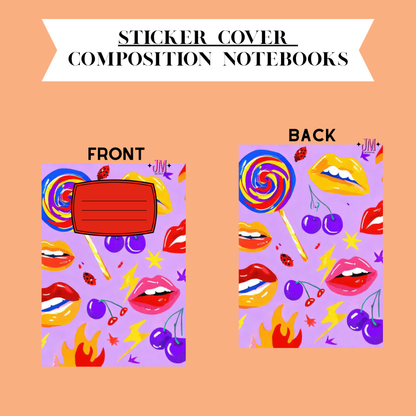 A product presentation showing the front and back of a notebook cover design. The top banner reads 'STICKER COVER COMPOSITION NOTEBOOKS'.