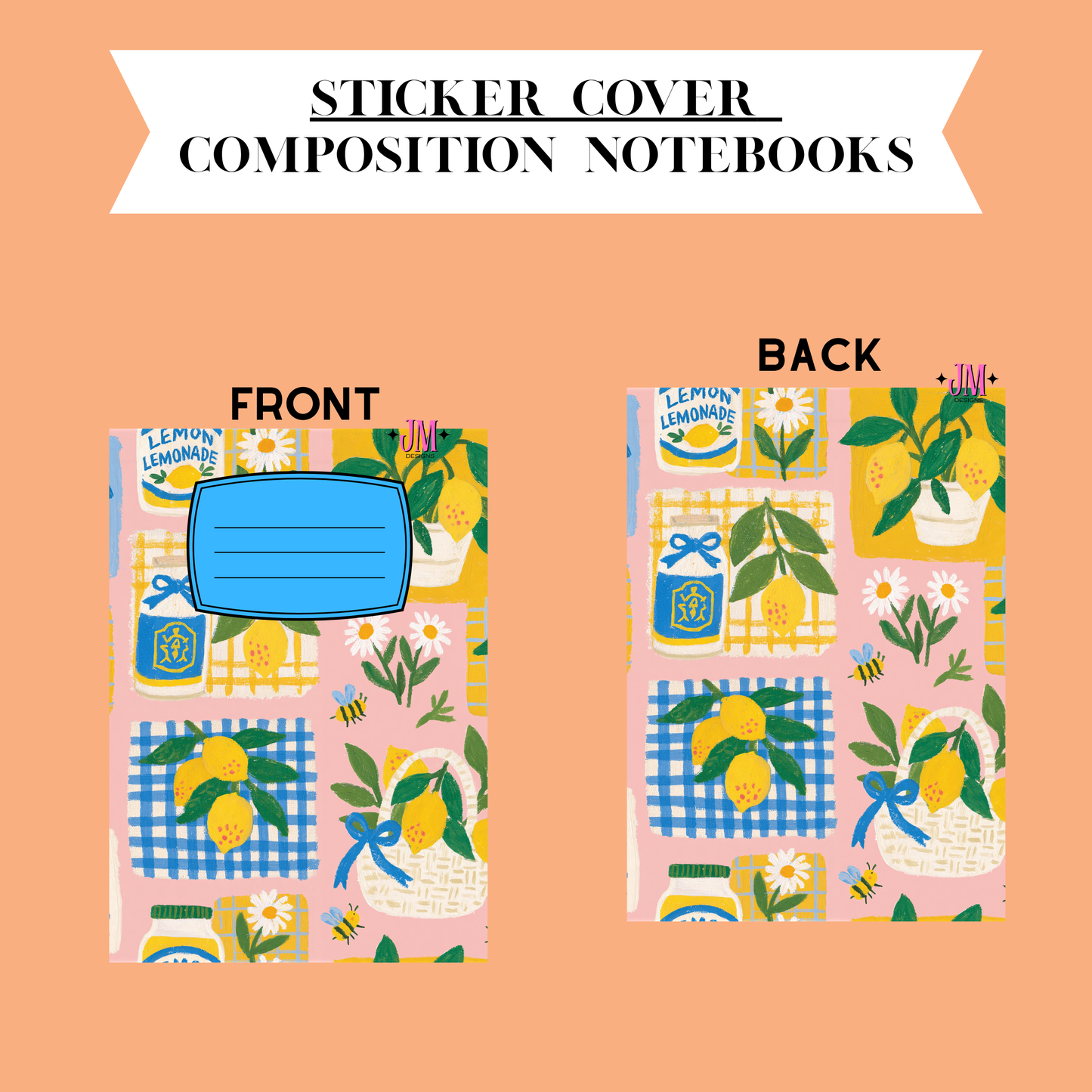 A sticker cover for composition notebooks shown from both front and back on a peach background. The cover has a pastel lemonade-themed patchwork design with yellow lemons, blue gingham, white daisies, green leaves, and a blue name label area on the front.